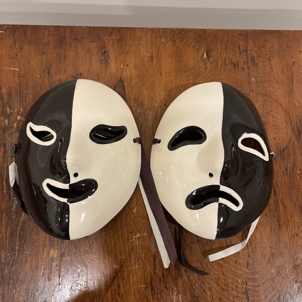 KING CLOWNS Sad Happy Faces Mask NEW ORLEANS MARDI GRAS Signed VTG Ceramic 7.25"